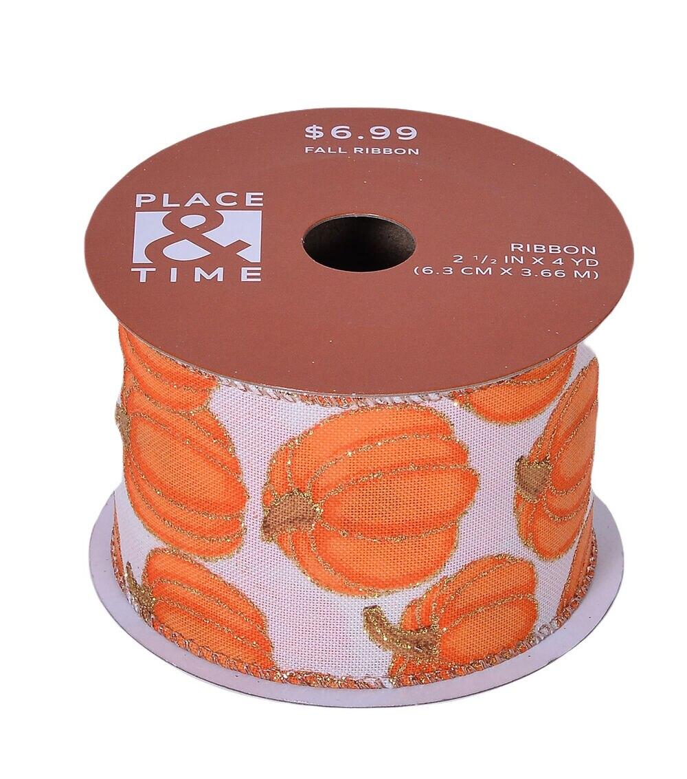 2.5″ x 12′ Fall Orange Pumpkins on Cream Linen Ribbon  |  Ribbons & Deco Mesh Crafts & Hobbies Ribbons & Deco Mesh